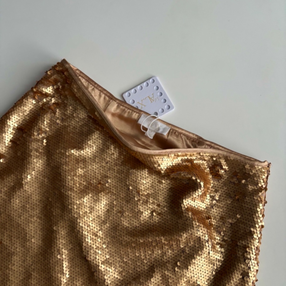 Le' AL.X Nwt Gold Sequin A-Line Mesh Trim Midi Coordinating Skirt 8 - Picture 3 of 5